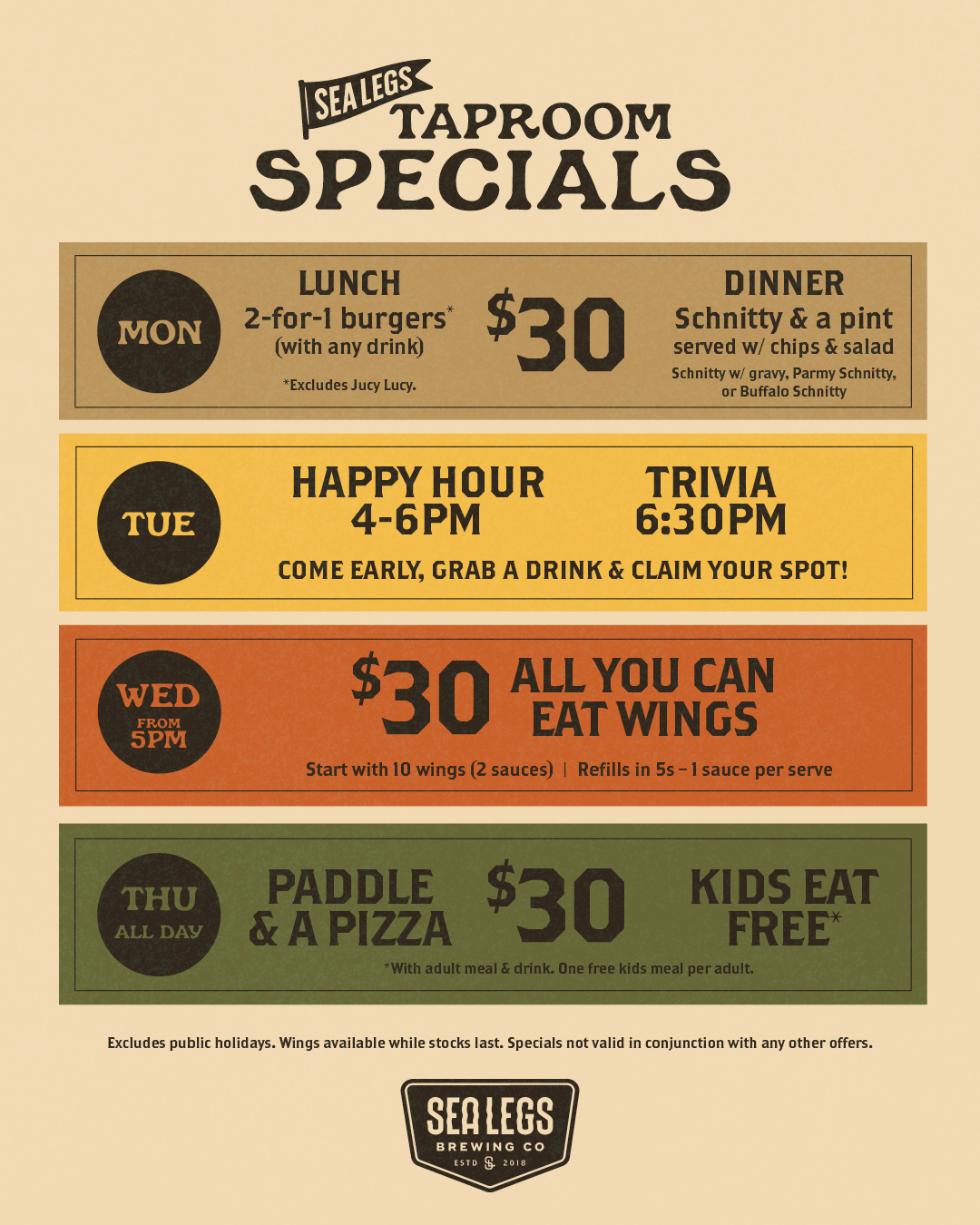 A colourful tile describing daily changing specials at Sea Legs from Monday to Thursday.